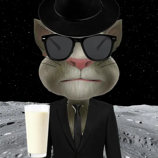 The cat on the moon in a suit with a glass of milk